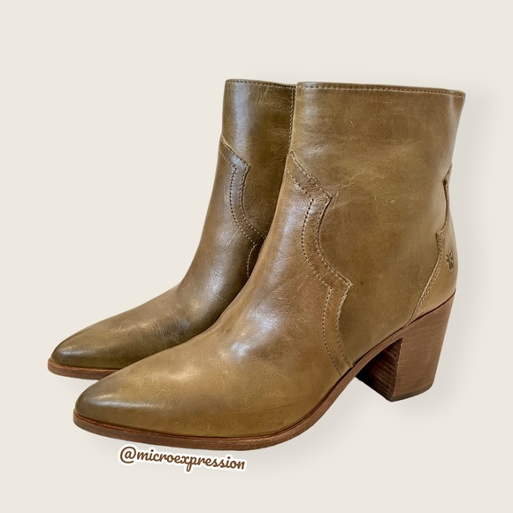 $428 Frye Flynn Short Olive Green Real Leather Zip Up Pointy Toe Heel Ankle Boot - Picture 10 of 16